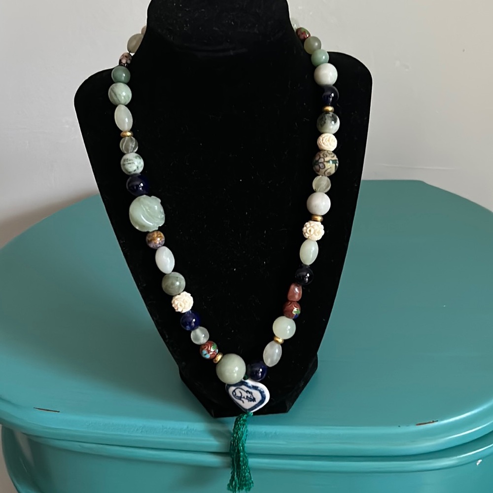 Year of the Rat Pendant Tassel Mixed Gemstone Glass Cloisonné Bead Necklace